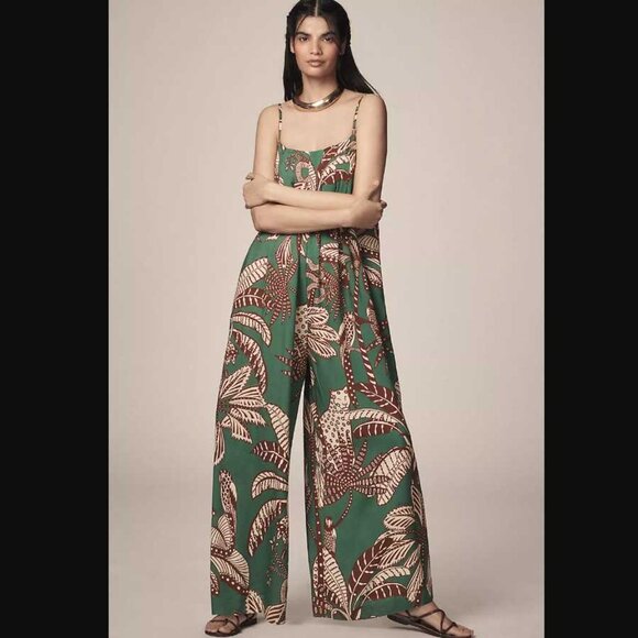 New M Farm Rio x Anthropologie jungle scene waistless printed wide-leg jumpsuit